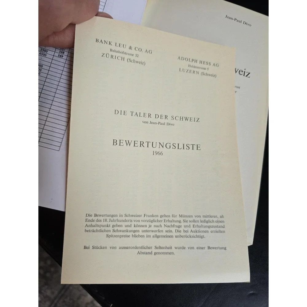 1966 1ST Edition HARDCOVER Die Taler Der Schweiz by JP Divo Swiss Talers German